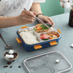 TOYASH Lunch Box Sealed Leakage Proof Stainless Steel Lunch Box with Fork Chopstick & Spoon Lid Office Food Container for School Kids and Adults 750ml ( 3 Compartment)
