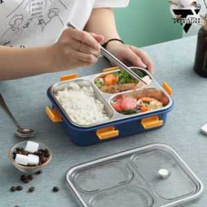 TOYASH Lunch Box Sealed Leakage Proof Stainless Steel Lunch Box with Fork Chopstick & Spoon Lid Office Food Container for School Kids and Adults 750ml ( 3 Compartment)