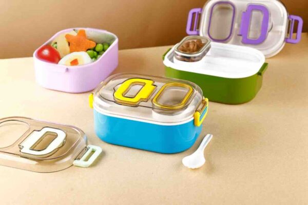 TOYASH Lunch Box for Kids, Lunch Box for Kids - 2 Compartment Insulated Plastic Lunch Box Stainless Steel (3 Grid Plastic Lunch Box, Multicolor)