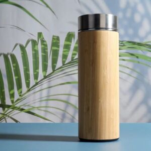 TOYASH Eco-Friendly Bamboo Stainless Steel Water Bottle | Double Wall Insulated | Hot & Cold | Tea Strainer | Stylish & Sustainable | 450ml