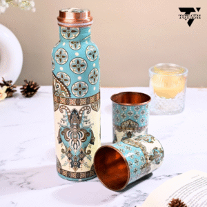TOYASH 100% Pure Copper Water Bottle 1 Ltr Copper Water Bottle with Glass Set Meena Prints Leak-Proof & Insulated 2 Water Glass 300ml each Best for Gifting-Sky Blue Print