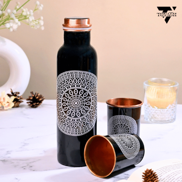 TOYASH 100% Pure Copper Water Bottle 1 Ltr Copper Water Bottle with Glass Set Meena Prints Leak-Proof & Insulated 2 Water Glass 300ml each Best for Gifting-Black Print
