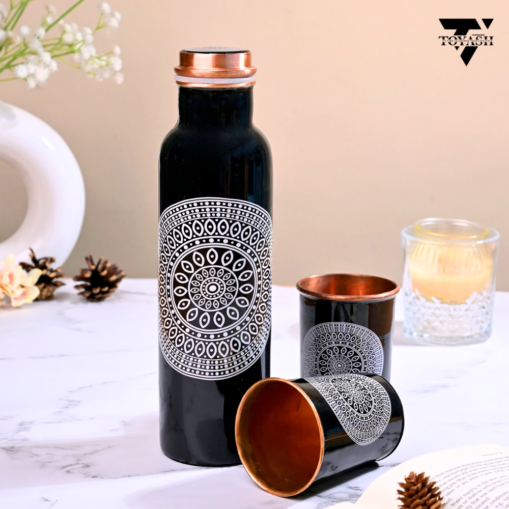 TOYASH 100% Pure Copper Water Bottle 1 Ltr Copper Water Bottle with Glass Set Meena Prints Leak-Proof & Insulated 2 Water Glass 300ml each Best for Gifting-Black Print