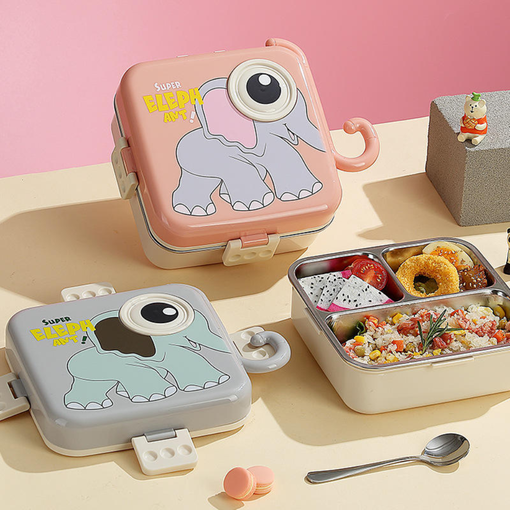 TOYASH Carnival Super Elephant Lunch Box 2 Layer Stainless Steel Lunch Box Comes with 1 Detachable Tray, 1 Small Container & 1 Spoon Ideal for Kids BPA Free 1120ml+70ml (3 Compartment)