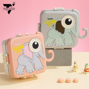 TOYASH Carnival Super Elephant Lunch Box 2 Layer Stainless Steel Lunch Box Comes with 1 Detachable Tray, 1 Small Container & 1 Spoon Ideal for Kids BPA Free 1120ml+70ml (3 Compartment)
