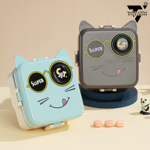 TOYASH Super Cat Lunch Box 2 Layer Stainless Steel Lunch Box Comes with 1 Detachable Tray, 1 Small Container & 1 Spoon Ideal for Kids BPA Free 1120ml+70ml (3 Compartment)