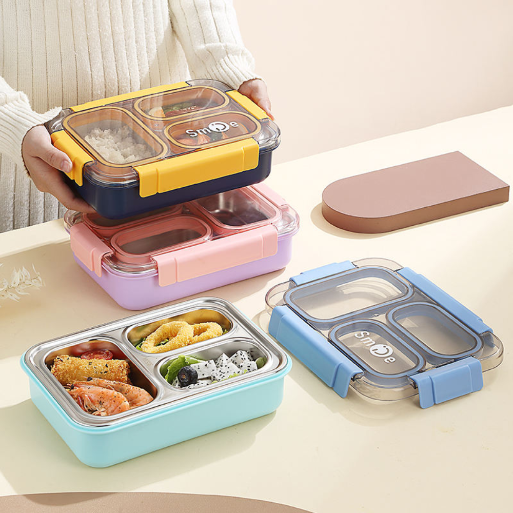 TOYASH Premium Lunch Box Sealed Leakage Proof Stainless Steel Lunch Box with Fork Chopstick & Spoon Lid Office Food Container for School Kids and Adults 750ml ( 3 Compartment)