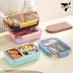 TOYASH Premium Lunch Box Sealed Leakage Proof Stainless Steel Lunch Box with Fork Chopstick & Spoon Lid Office Food Container for School Kids and Adults 750ml ( 3 Compartment)