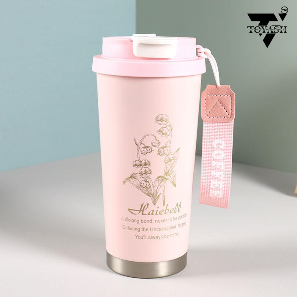 TOYASH Premium Stainless Steel Travel Coffee Mug Vacuum Insulated Leakproof Flower Design , Portable Double-Walled Coffee Cup for Hot & Cold Drinks – 500ml (Pack of -1)