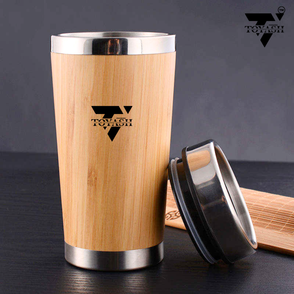 TOYASH Organic Bamboo & Stainless Steel Insulated Mug With Handle – 12oz Handcrafted Wood Coffee Cup without Handle and Sliding Lid – BPA-Free & Sweat-Proof